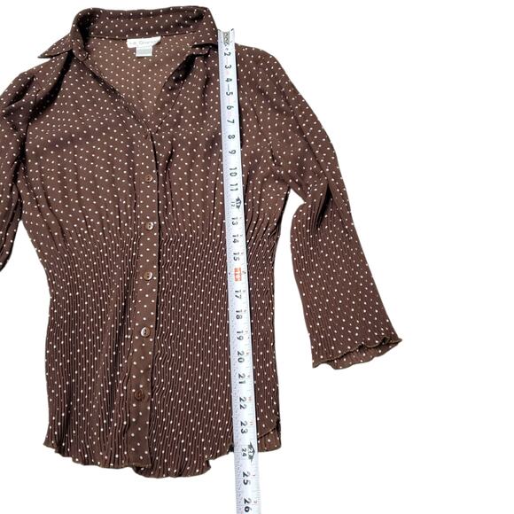 Vintage Le Grange Brown w/ White Polka Dots Sheer Button-Up Blouse - Size Medium - Picture 7 of 8